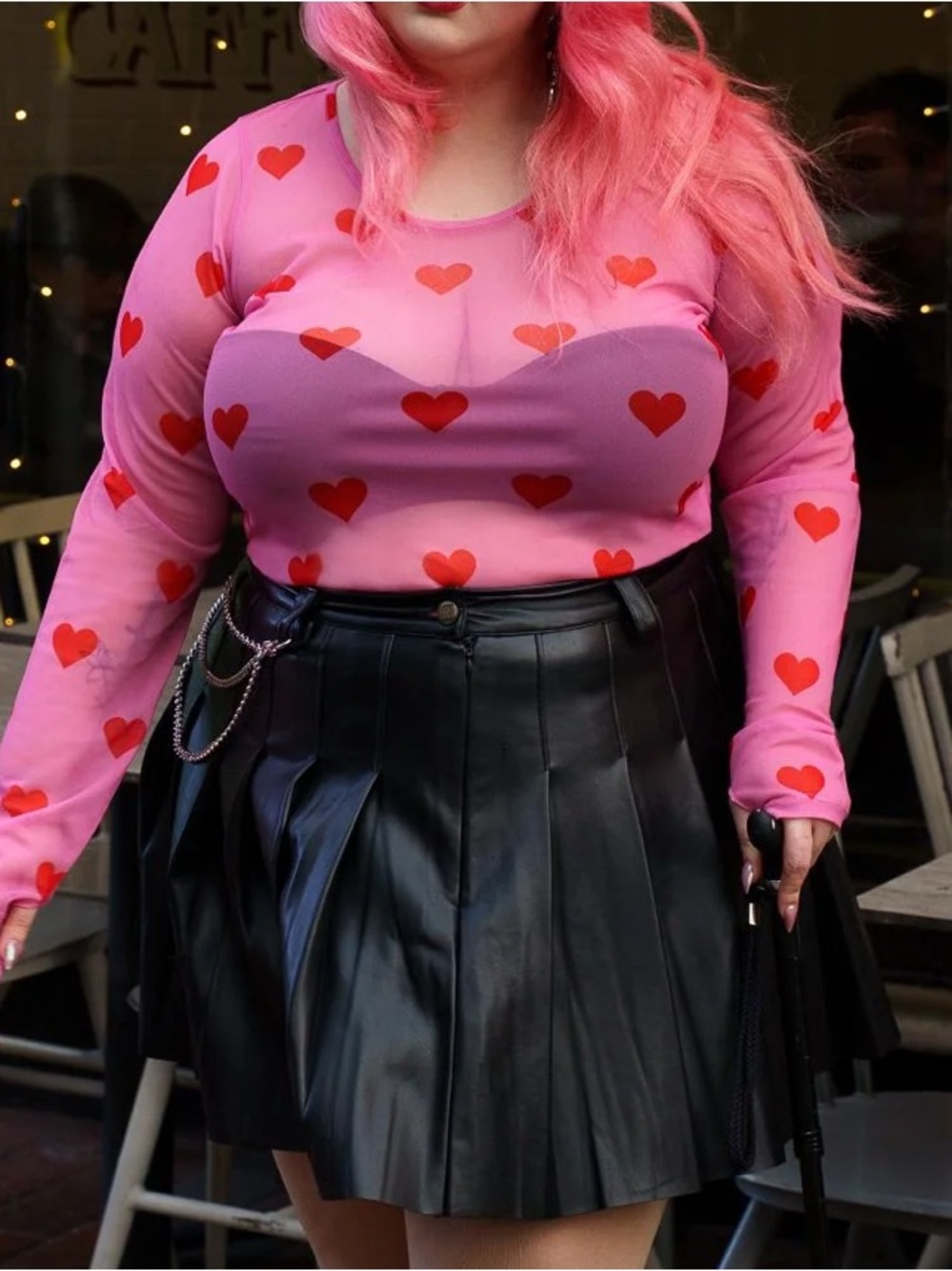 Women's Pink Heart Mesh Long Sleeve Crop Top